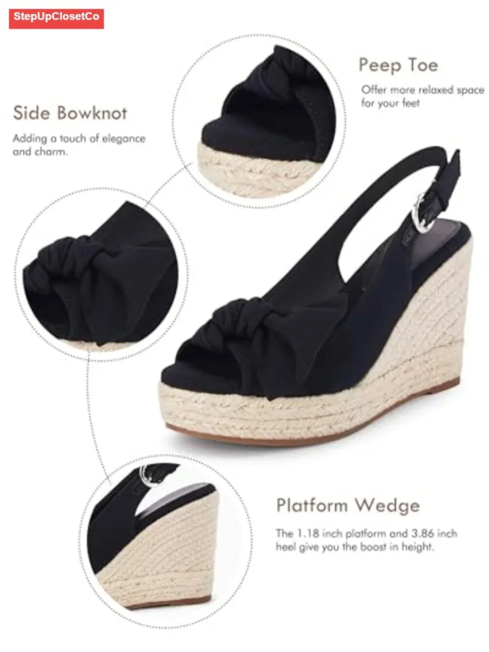 Women's Peep Toe Wedges Heels Slingback Espadrille Platform Sandals with Bowknot